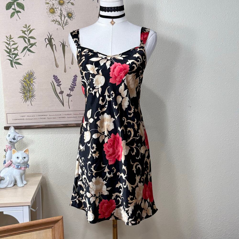 90s Y2k Floral Satin Mini Slip Dress Romantic Goth Dark Coquette Whimsigoth S